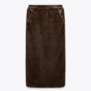 ZARA WOMEN BROWN LIMITED MID WAIST FAUX FUR MIDI SKIRT